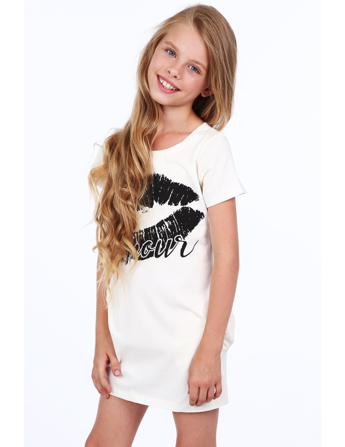 Girls\' dress with a print, cream, NDZ8177 - Online store - Boutique